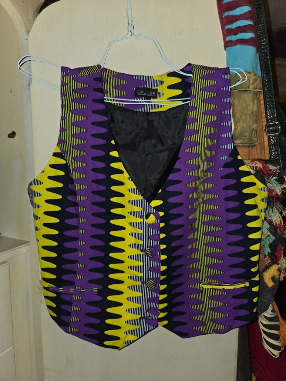 Ofuure African Print Vest Top Purple Yellow Ankara Wax Crop Waistcoat XL